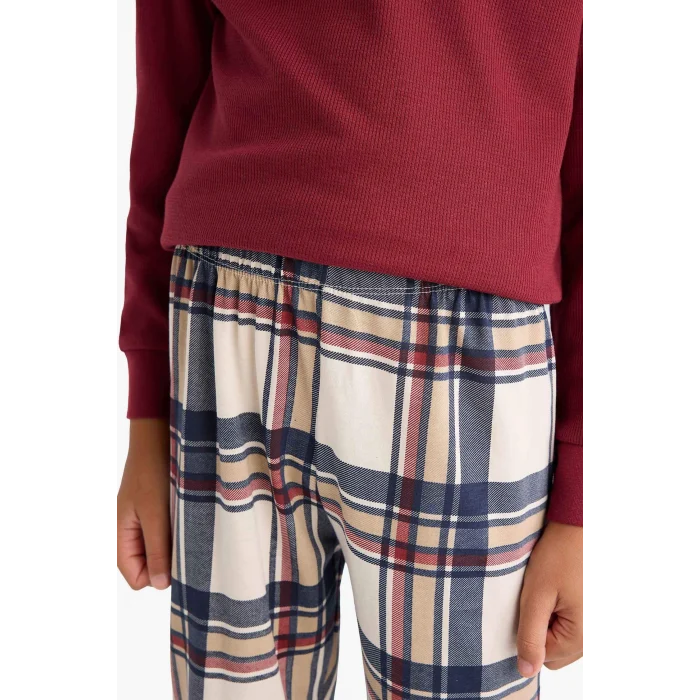 Defacto F1895A8BR281 Bordo Erkek Çocuk Pijama Takımı Waffle Uzun Kollu Üst Kareli Uzun Alt