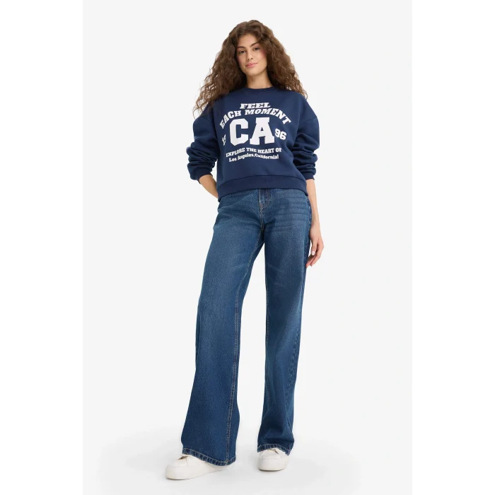 Defacto E8746 Lacivert Regular Fit Bisiklet Yaka Baskılı Sweatshirt