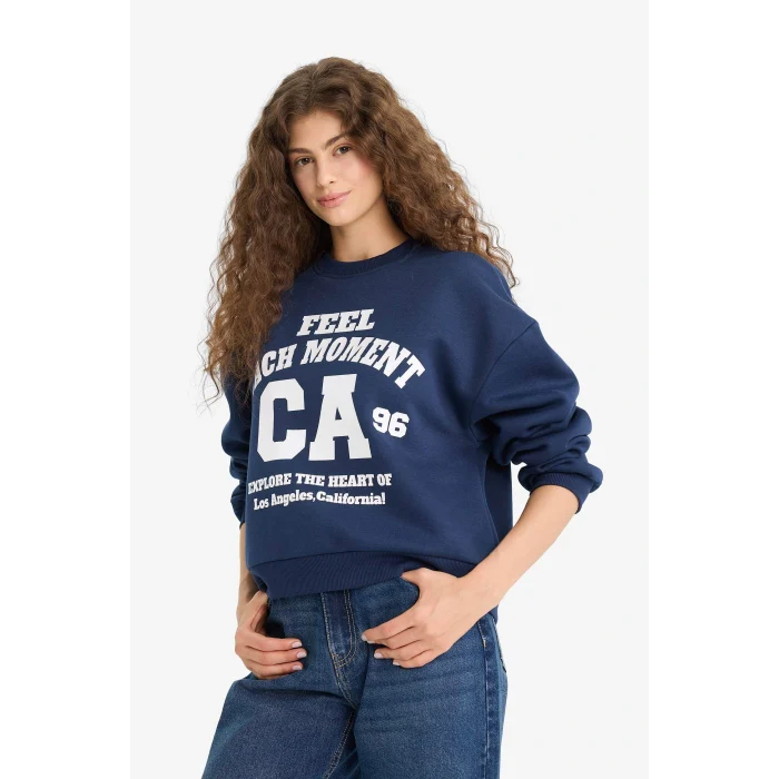 Defacto E8746 Lacivert Regular Fit Bisiklet Yaka Baskılı Sweatshirt