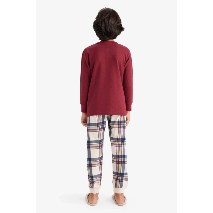 Defacto F1895A8BR281 Bordo Erkek Çocuk Pijama Takımı Waffle Uzun Kollu Üst Kareli Uzun Alt