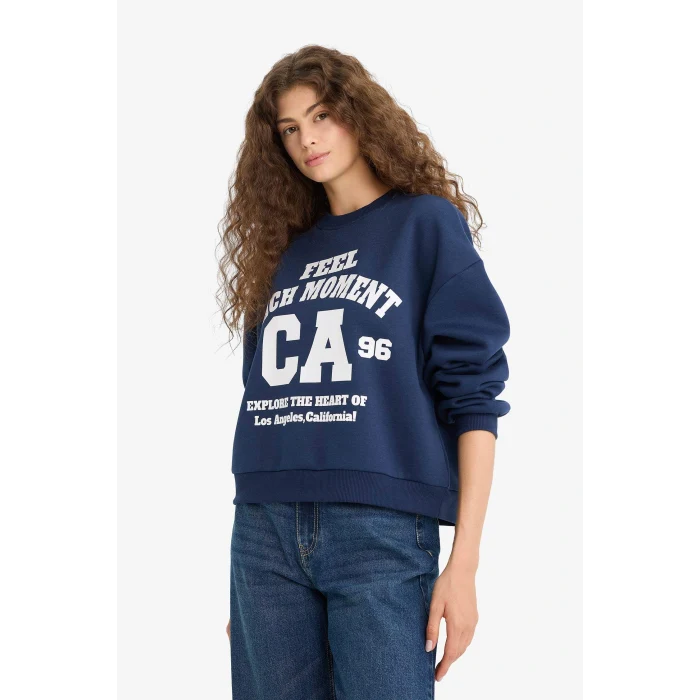 Defacto E8746 Lacivert Regular Fit Bisiklet Yaka Baskılı Sweatshirt