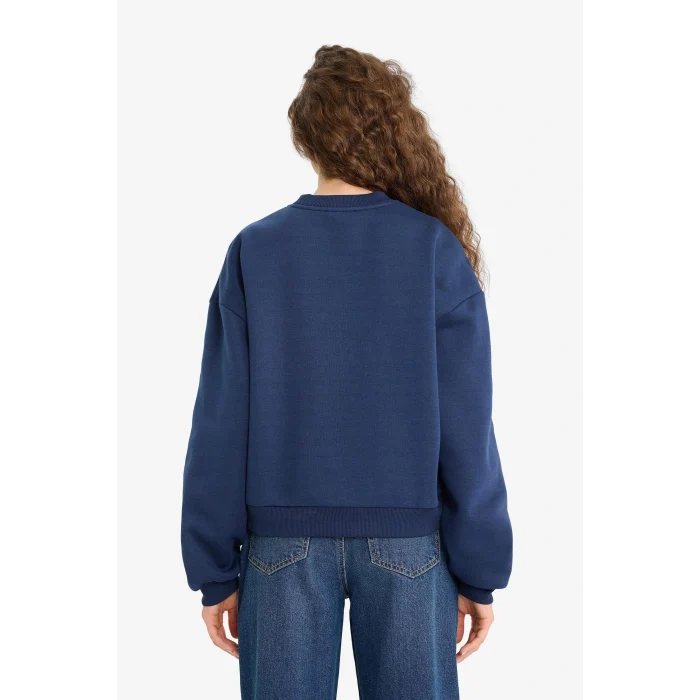 Defacto E8746 Lacivert Regular Fit Bisiklet Yaka Baskılı Sweatshirt