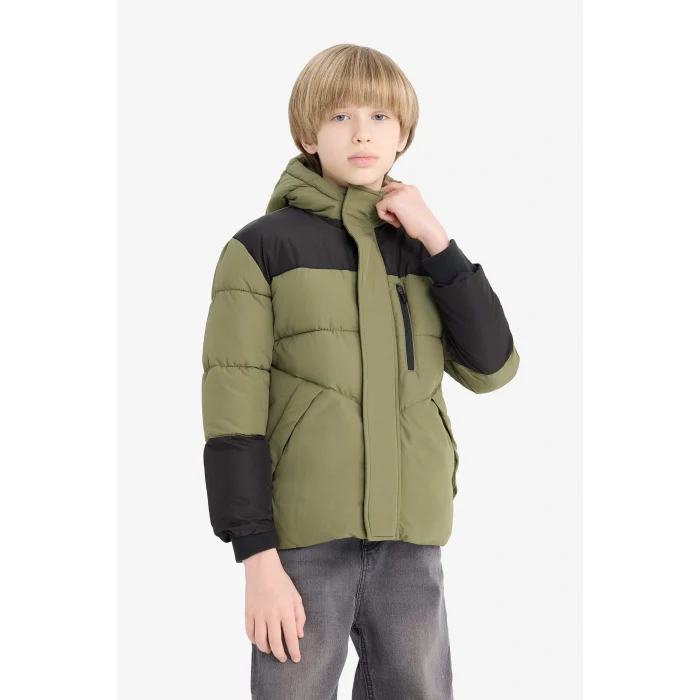 Defacto E8648A8KH210 Haki Erkek Çocuk Su Geçirmez Kapüşonlu Fermuarlı Şişme Mont