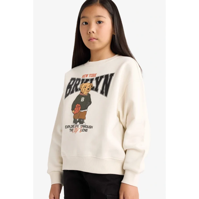 Defacto E6780A8ER105 Ekru Kız Çocuk Relax Fit Bisiklet Yaka Baskılı İçi Yumuşak Tüylü Sweatshirt