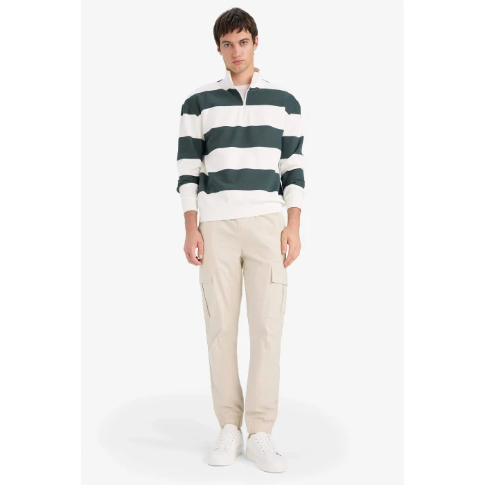 Defacto C7045AXGN498 Yeşil Boxy Fit Dik Yaka Yarım Fermuarlı Çizgili Sweatshirt