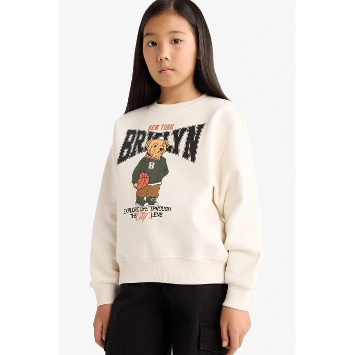 Defacto E6780A8ER105 Ekru Kız Çocuk Relax Fit Bisiklet Yaka Baskılı İçi Yumuşak Tüylü Sweatshirt