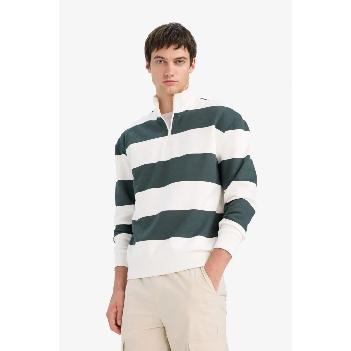 Defacto C7045AXGN498 Yeşil Boxy Fit Dik Yaka Yarım Fermuarlı Çizgili Sweatshirt