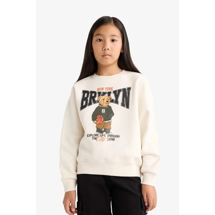 Defacto E6780A8ER105 Ekru Kız Çocuk Relax Fit Bisiklet Yaka Baskılı İçi Yumuşak Tüylü Sweatshirt
