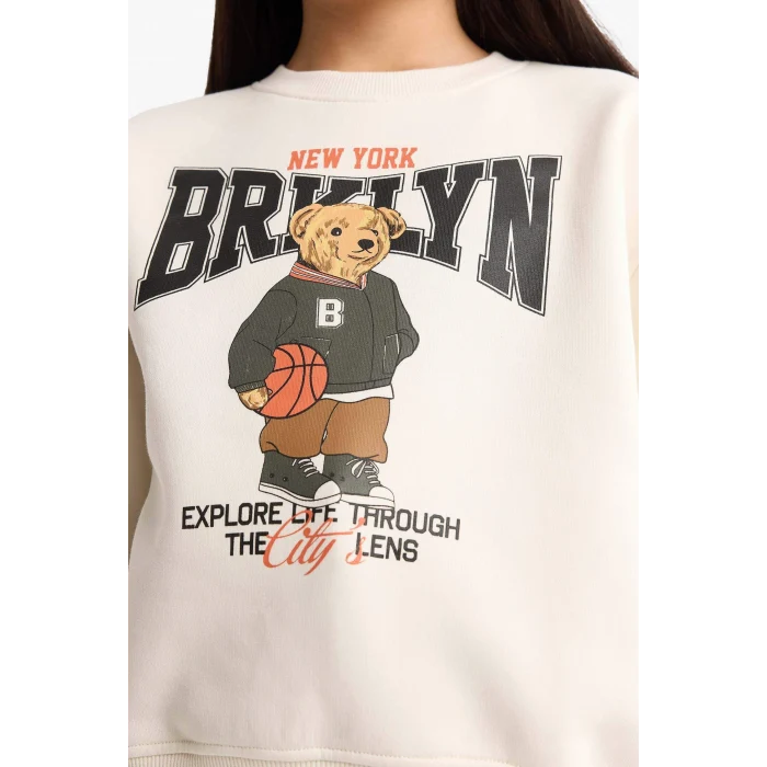 Defacto E6780A8ER105 Ekru Kız Çocuk Relax Fit Bisiklet Yaka Baskılı İçi Yumuşak Tüylü Sweatshirt