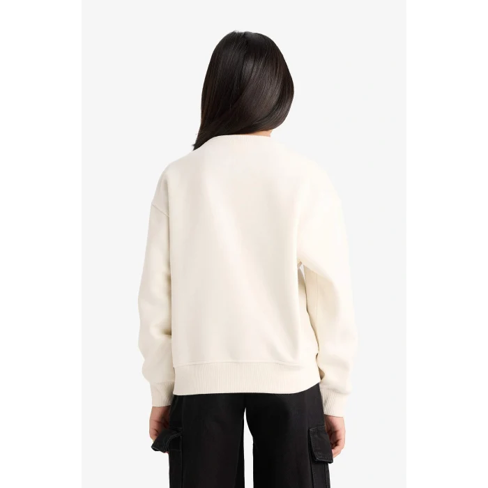 Defacto E6780A8ER105 Ekru Kız Çocuk Relax Fit Bisiklet Yaka Baskılı İçi Yumuşak Tüylü Sweatshirt