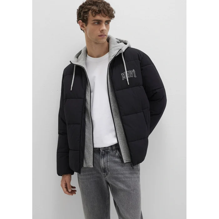 Mavi 0110662-71379 Mavi Logo Baskılı Kapüşonlu Siyah Şişme Mont