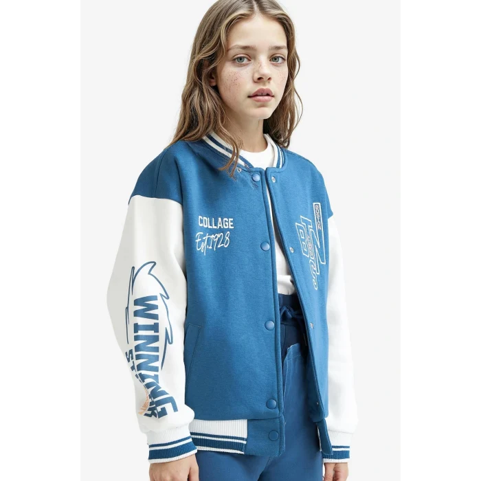 Defacto F1985A8BE376 Mavi Kız Çocuk Kolej Yaka Baskılı Bomber Ceket