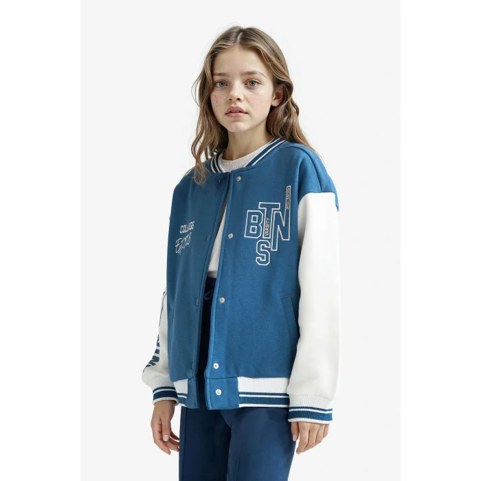 Defacto F1985A8BE376 Mavi Kız Çocuk Kolej Yaka Baskılı Bomber Ceket