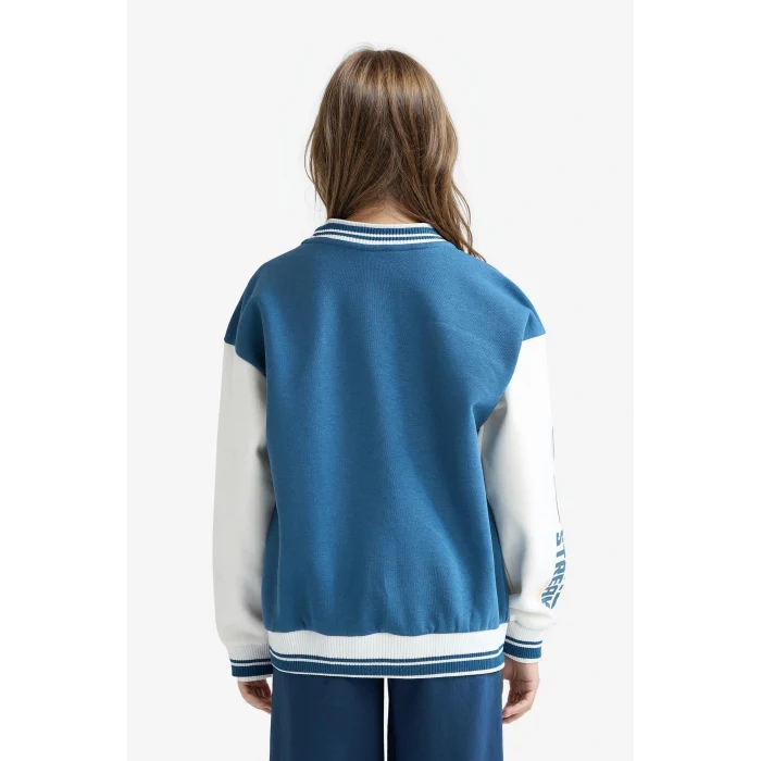 Defacto F1985A8BE376 Mavi Kız Çocuk Kolej Yaka Baskılı Bomber Ceket