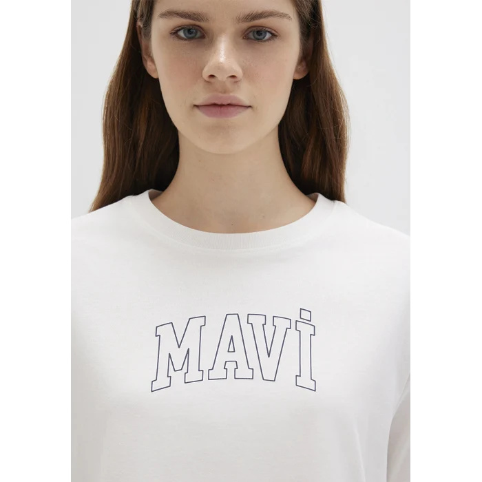 Mavi 1613564-70057 Mavi Logo Baskılı Ekru Tişört