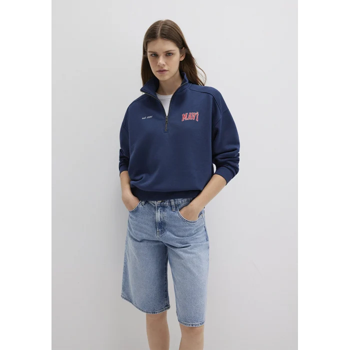 Mavi 1S10373-70488 Mavi Logo Baskılı Yarı Fermuarlı Lacivert Sweatshirt