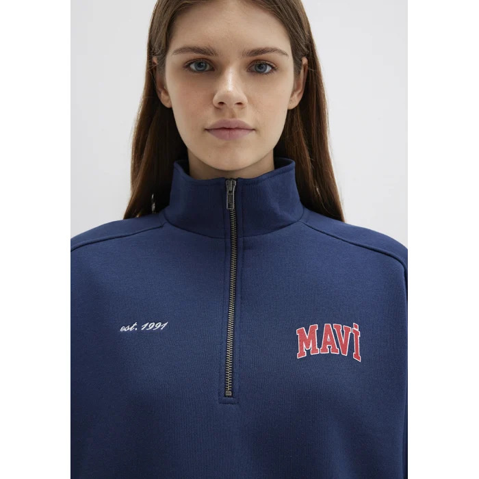 Mavi 1S10373-70488 Mavi Logo Baskılı Yarı Fermuarlı Lacivert Sweatshirt