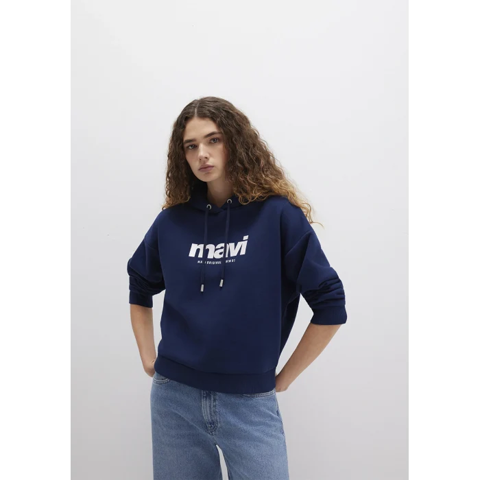 Mavi 168334-70488 Mavi Logo Baskılı Kapüşonlu Lacivert Sweatshirt
