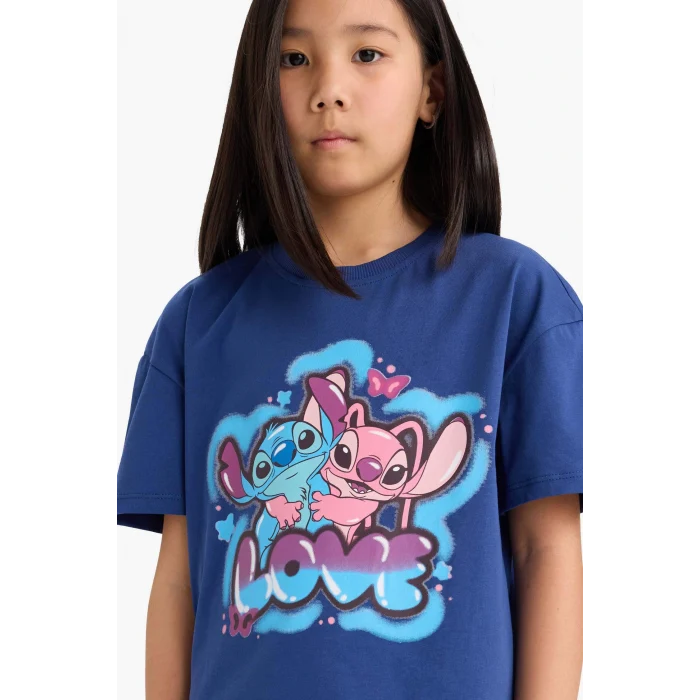Defacto E2625 İndigo Kız Çocuk Disney Lilo & Stitch Relax Fit Bisiklet Yaka Kısa Kollu Tişört