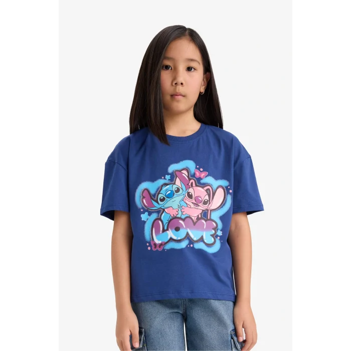 Defacto E2625 İndigo Kız Çocuk Disney Lilo & Stitch Relax Fit Bisiklet Yaka Kısa Kollu Tişört