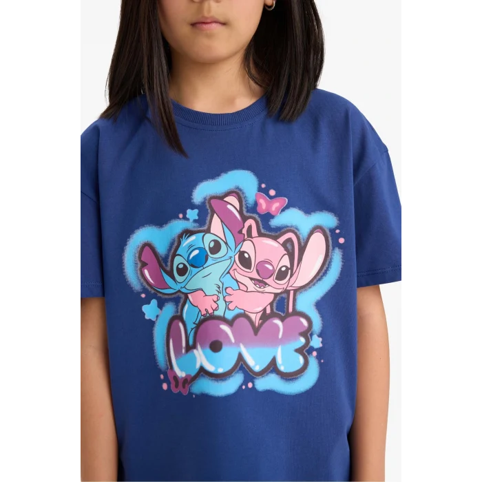 Defacto E2625 İndigo Kız Çocuk Disney Lilo & Stitch Relax Fit Bisiklet Yaka Kısa Kollu Tişört