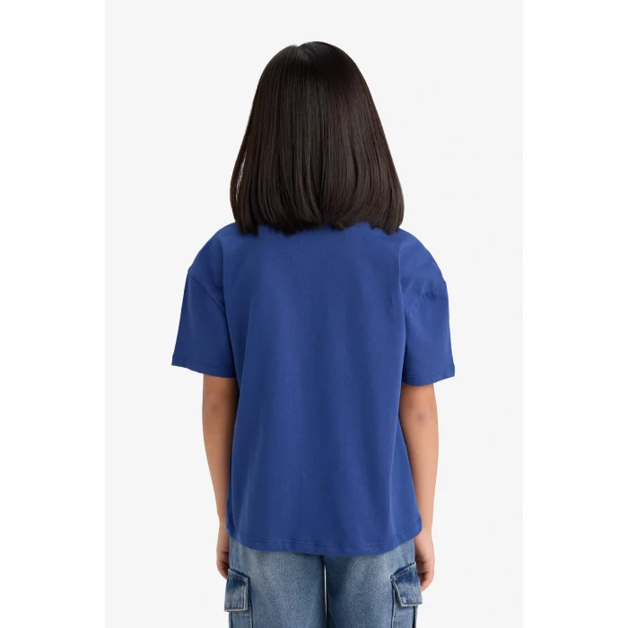 Defacto E2625 İndigo Kız Çocuk Disney Lilo & Stitch Relax Fit Bisiklet Yaka Kısa Kollu Tişört