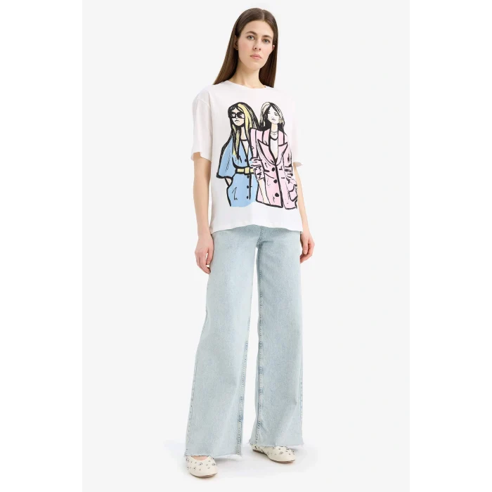 Defacto E5142 Ekru Regular Fit Bisiklet Yaka Kız Baskılı Penye Kısa Kollu Tişört