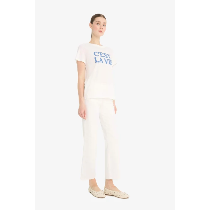 Defacto F5888 Ekru Regular Fit Bisiklet Yaka Baskılı Penye Kısa Kollu Tişört