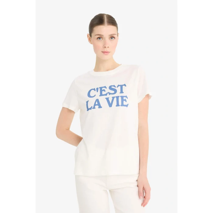 Defacto F5888 Ekru Regular Fit Bisiklet Yaka Baskılı Penye Kısa Kollu Tişört