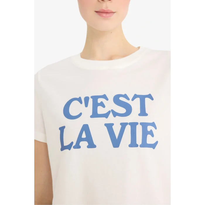 Defacto F5888 Ekru Regular Fit Bisiklet Yaka Baskılı Penye Kısa Kollu Tişört