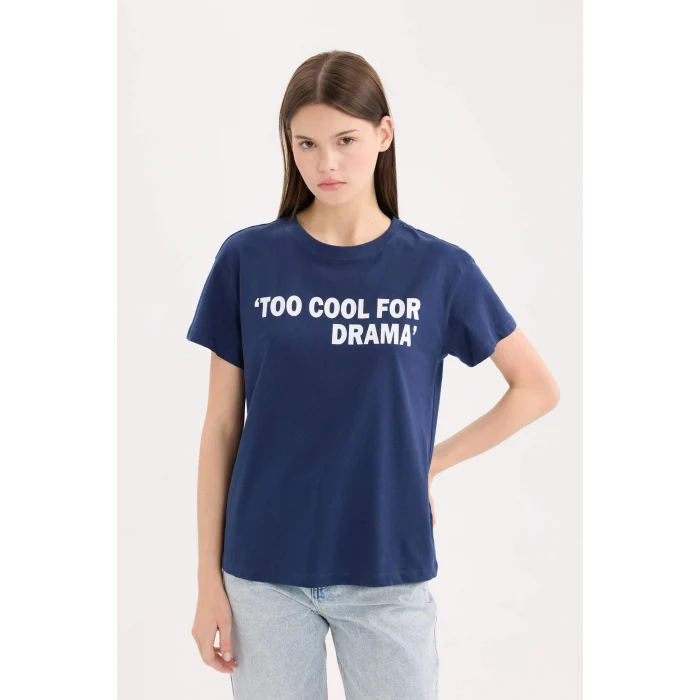 Defacto D9605 Lacivert Regular Fit Bisiklet Yaka Baskılı Kısa Kollu Tişört