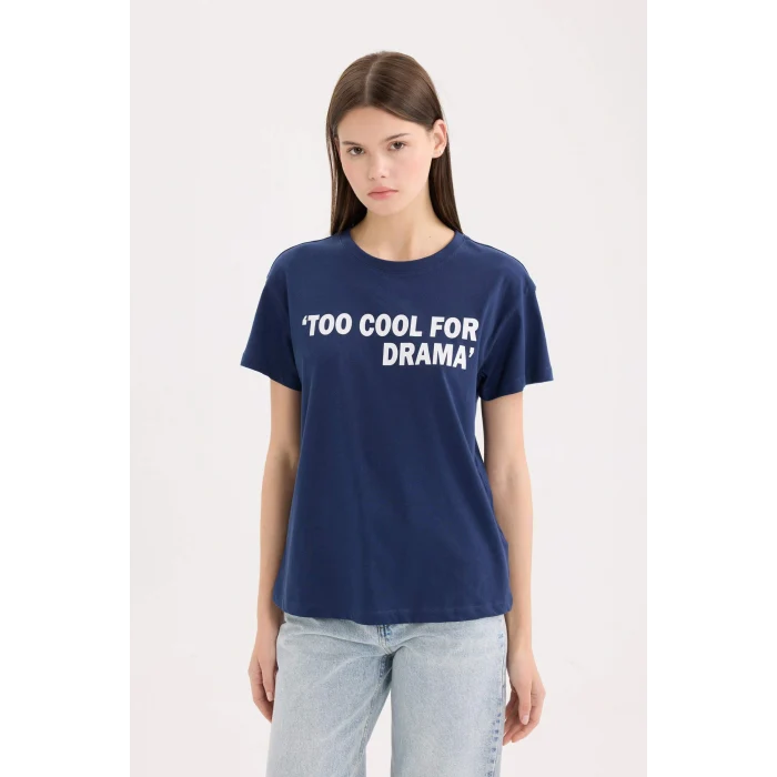 Defacto D9605 Lacivert Regular Fit Bisiklet Yaka Baskılı Kısa Kollu Tişört