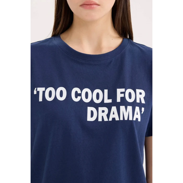 Defacto D9605 Lacivert Regular Fit Bisiklet Yaka Baskılı Kısa Kollu Tişört