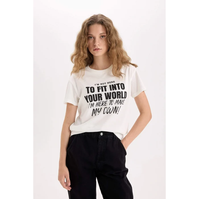 Defacto D9599 Beyaz Regular Fit Bisiklet Yaka Baskılı Kısa Kollu Tişört