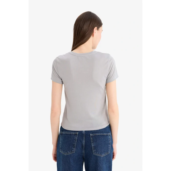 Defacto E7953AXGR454 Gri Fitted Bisiklet Yaka Basic Düz Kısa Kollu Tişört