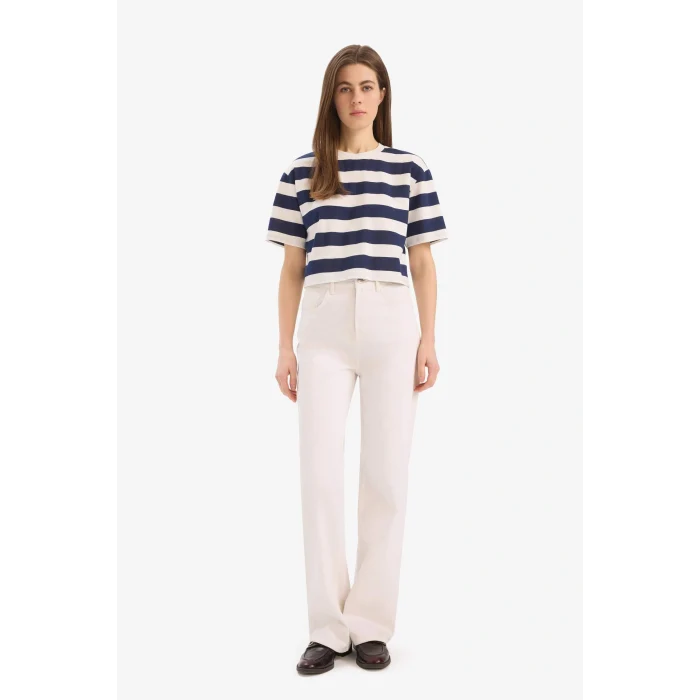 Defacto C6198 Lacivert Boxy Fit Bisiklet Yaka Çizgili Penye Kısa Kollu Tişört