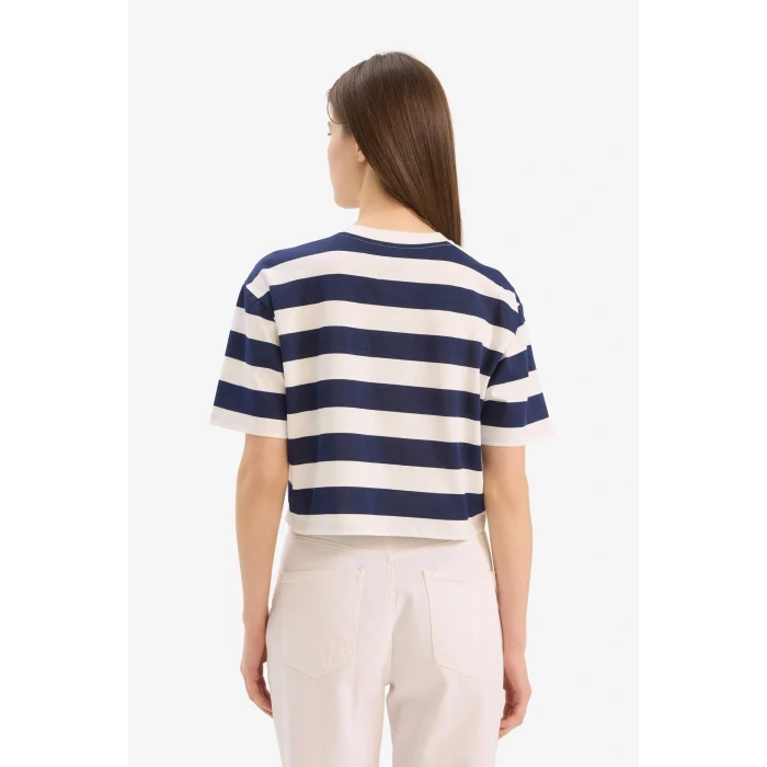 Defacto C6198 Lacivert Boxy Fit Bisiklet Yaka Çizgili Penye Kısa Kollu Tişört