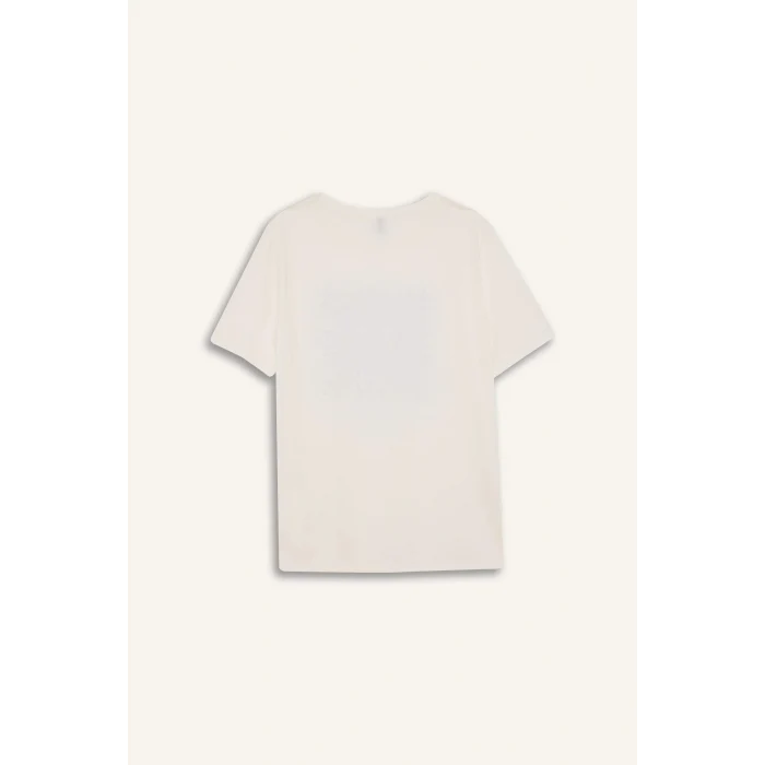 Defacto E1163 Ekru  Regular Fit Bisiklet Yaka Etnik Desenli Kısa Kollu Tişört