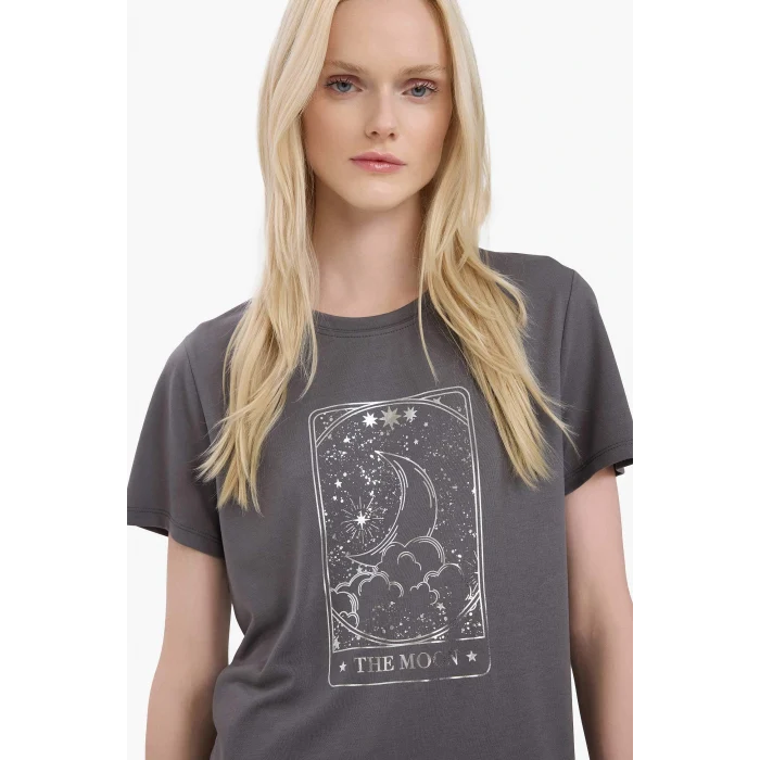 Defacto E5145 Gri Regular Fit Bisiklet Yaka Baskılı Kısa Kollu Tişört