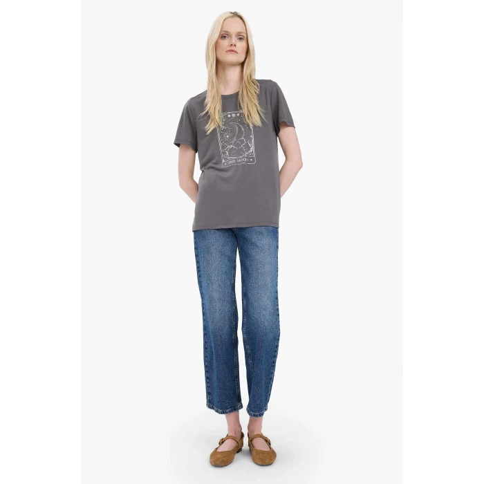 Defacto E5145 Gri Regular Fit Bisiklet Yaka Baskılı Kısa Kollu Tişört