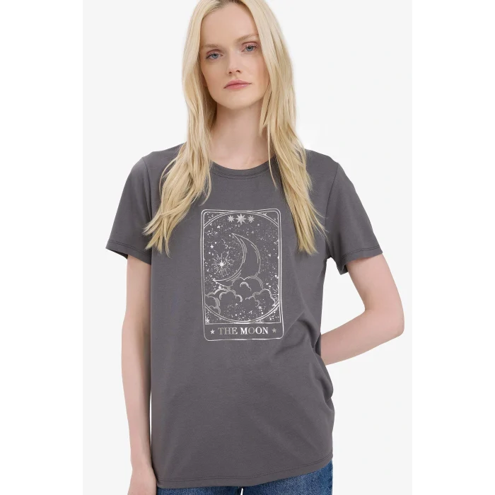 Defacto E5145 Gri Regular Fit Bisiklet Yaka Baskılı Kısa Kollu Tişört