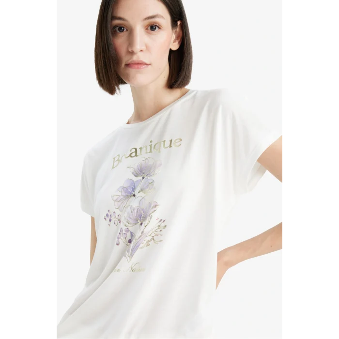 Defacto F5098 Ekru Bisiklet Yaka Çiçek Baskılı Kısa Kollu Tişört