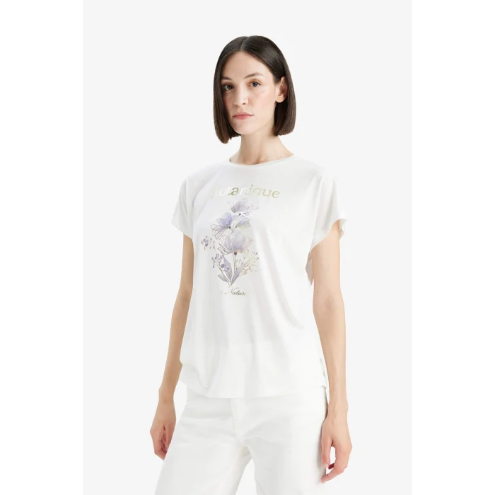 Defacto F5098 Ekru Bisiklet Yaka Çiçek Baskılı Kısa Kollu Tişört