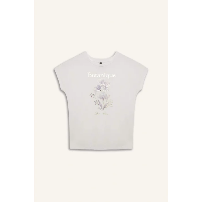 Defacto F5098 Ekru Bisiklet Yaka Çiçek Baskılı Kısa Kollu Tişört