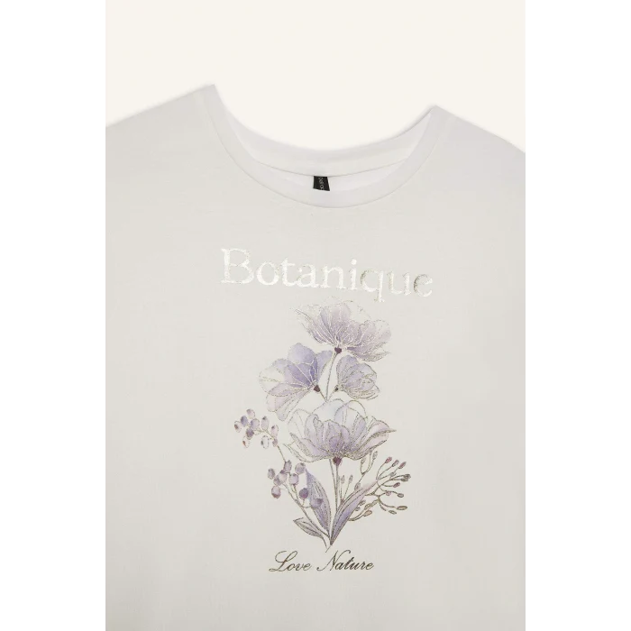 Defacto F5098 Ekru Bisiklet Yaka Çiçek Baskılı Kısa Kollu Tişört