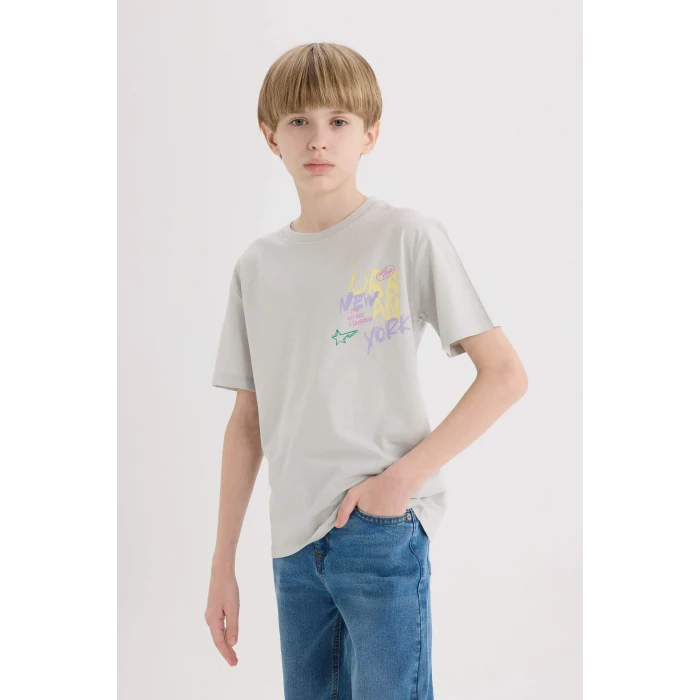 Defacto E0104 Gri Erkek Çocuk Bisiklet Yaka Sırt Baskılı Kısa Kollu Tişört