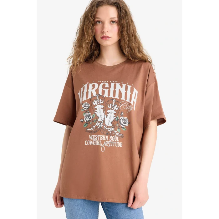 Defacto D9615 Kahve Oversize Geniş Kalıp Bisiklet Yaka Basic Düz Kısa Kollu Tişört