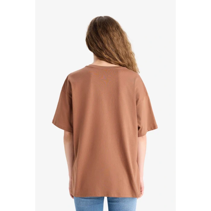 Defacto D9615 Kahve Oversize Geniş Kalıp Bisiklet Yaka Basic Düz Kısa Kollu Tişört