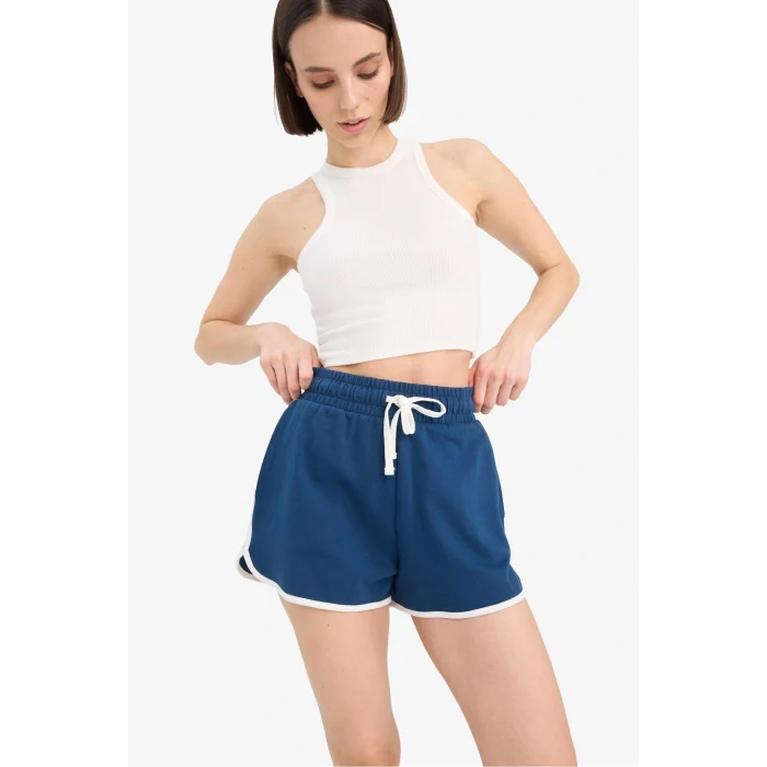 Defacto A6224 İndigo Coool Regular Fit Beli Lastikli Bağcıklı Cepli Kalın Mini Şort