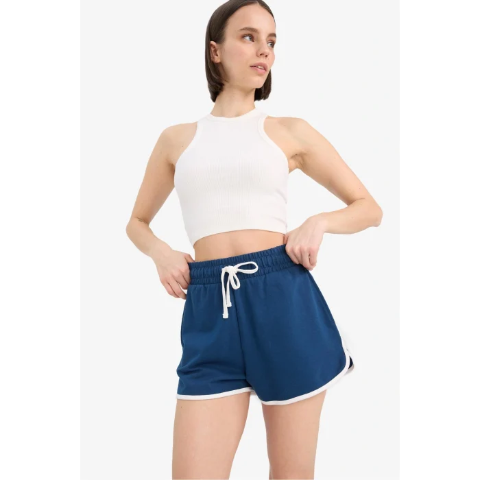 Defacto A6224 İndigo Coool Regular Fit Beli Lastikli Bağcıklı Cepli Kalın Mini Şort